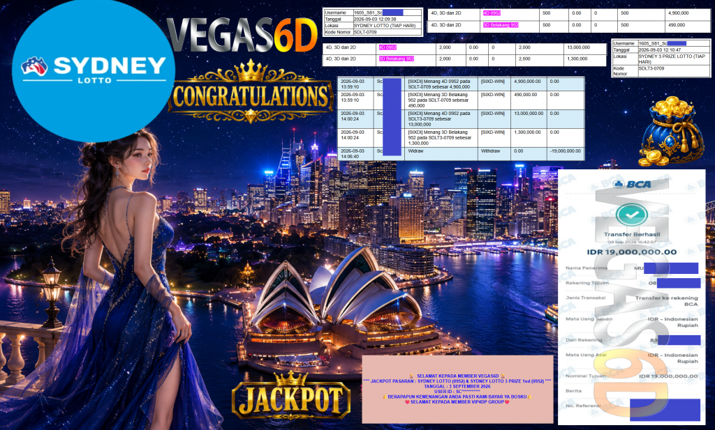 VEGAS6D JACKPOT PASARAN β SYDNEY LOTTO (0952) & SYDNEY LOTTO 3 PRIZE 1nd (0952) β Rp19.000.000,- LUNAS
