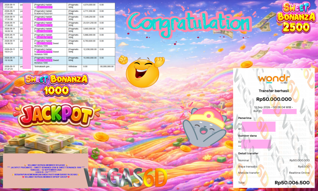 VEGAS6D JACKPOT PRAGMATIC ” SWEET BONANZA 2500 & SWEET BONANZA 1000 ” Rp50.000.000,- LUNAS