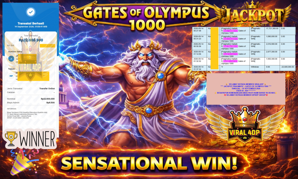 VIRAL4DP JACKPOT PRAGMATIC ” GATES OF OLYMPUS 1000 ” Rp22.600.000,- LUNAS