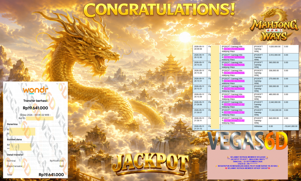 VEGAS6D JACKPOT PGSOFT ” MAHJONG WAYS ” Rp19.641.000,- LUNAS