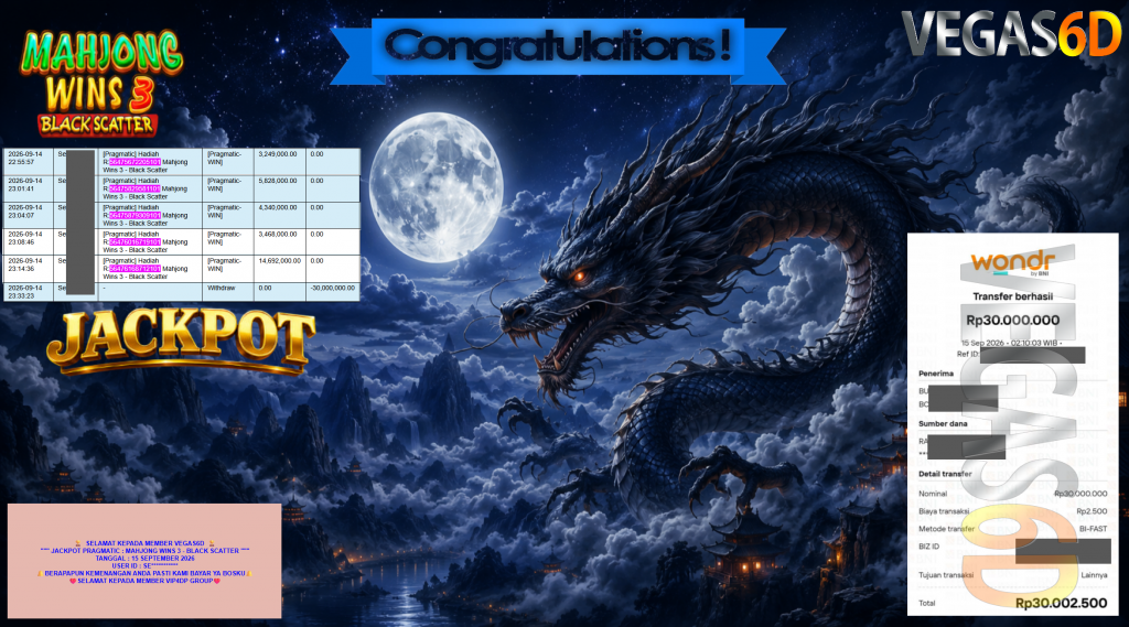 VEGAS6D JACKPOT PRAGMATIC ” MAHJONG WINS 3 – BLACK SCATTER ” Rp30.000.000,- LUNAS