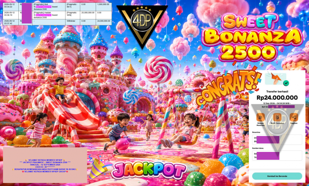 VIP4DP JACKPOT PRAGMATIC ” SWEET BONANZA 2500 ” Rp24.000.000,- LUNAS