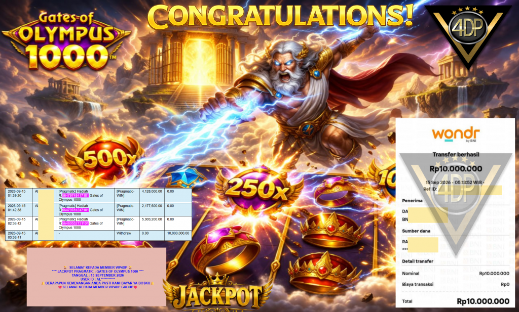 VIP4DP JACKPOT PRAGMATIC ” GATES OF OLYMPUS 1000 ” Rp10.000.000,- LUNAS