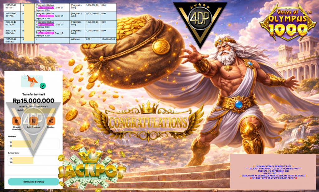 VIP4DP JACKPOT PRAGMATIC ” GATES OF OLYMPUS 1000 ” Rp15.000.000,- LUNAS