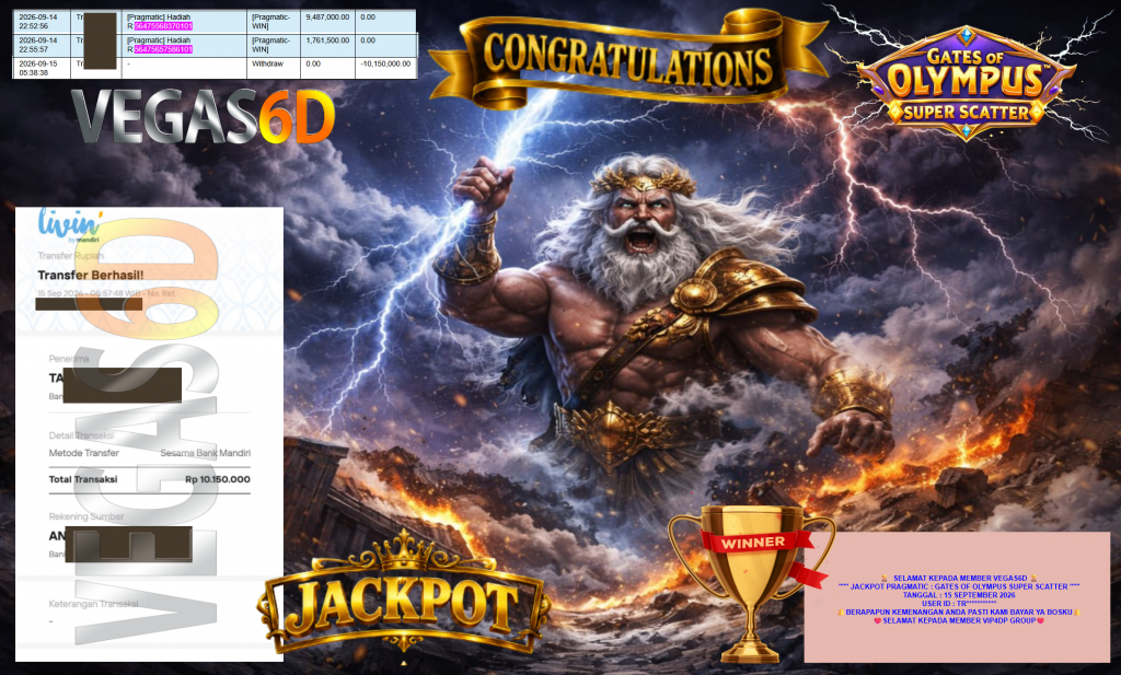VEGAS6D JACKPOT PRAGMATIC ” GATES OF OLYMPUS SUPER SCATTER ” Rp10.150.000,- LUNAS