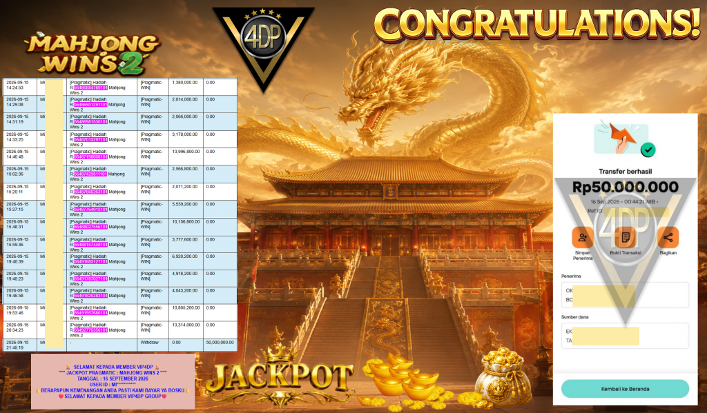 VIP4DP JACKPOT PRAGMATIC ” MAHJONG WINS 2 ” Rp50.000.000,- LUNAS