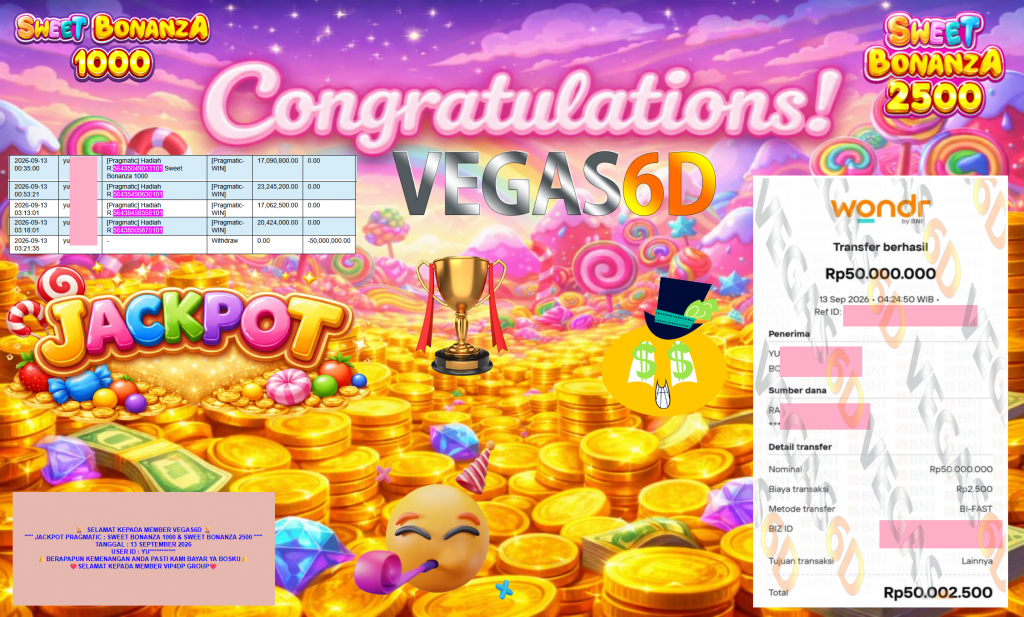 VEGAS6D JACKPOT PRAGMATIC ” SWEET BONANZA 1000 & SWEET BONANZA 2500 ” Rp50.000.000,- LUNAS