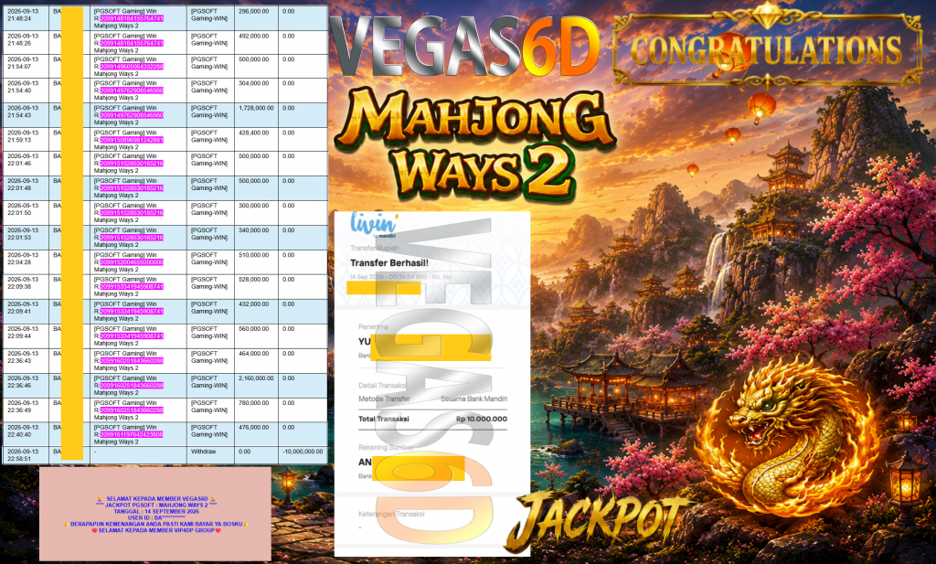 VEGAS6D JACKPOT PGSOFT ” MAHJONG WAYS 2 ” Rp10.000.000,- LUNAS