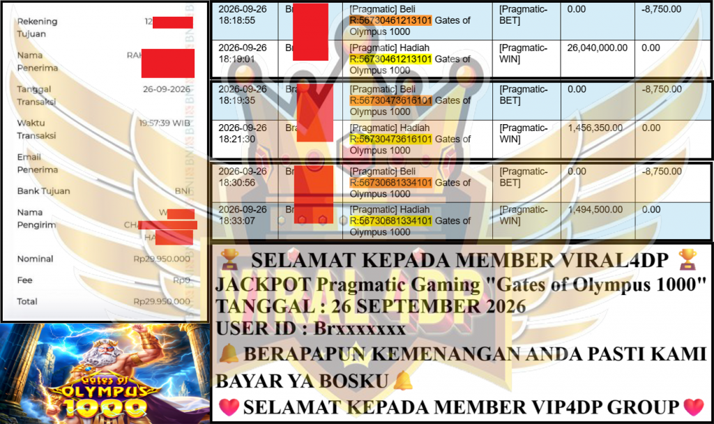VIRAL4DP JACKPOT PRAGMATIC ”Gates of Olympus 1000” Rp 29,950,000,- LUNAS