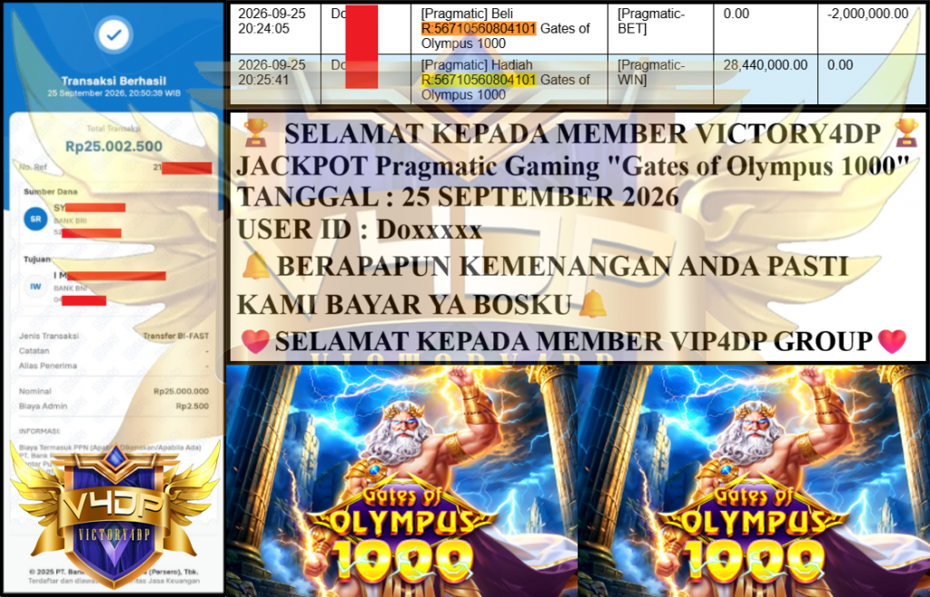 VICTORY4DP JACKPOT PRAGMATIC ”Gates of Olympus 1000” Rp 25,000,000,- LUNAS