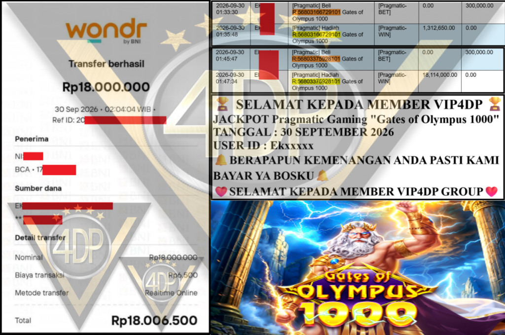 VIP4DP JACKPOT Pragmatic Gaming “Gates of Olympus 1000” Rp 18,000,000,- LUNAS