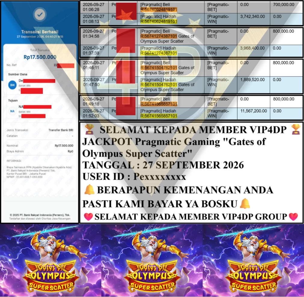 VIP4DP JACKPOT PRAGMATIC ”Gates of Olympus Super Scatter” Rp 17,500,000,- LUNAS