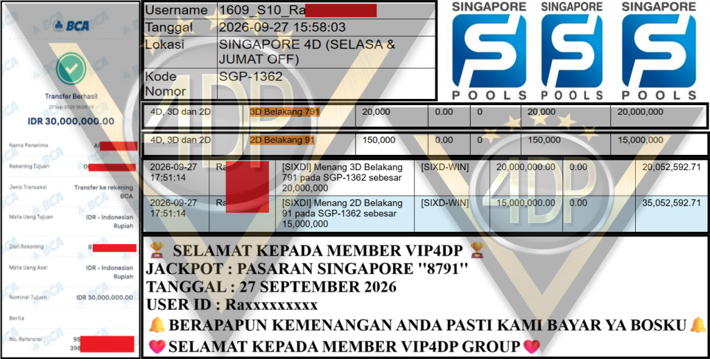 VIP4DP JACKPOT PASARAN SINGAPORE ”8791” Rp 30,000,000,- LUNAS