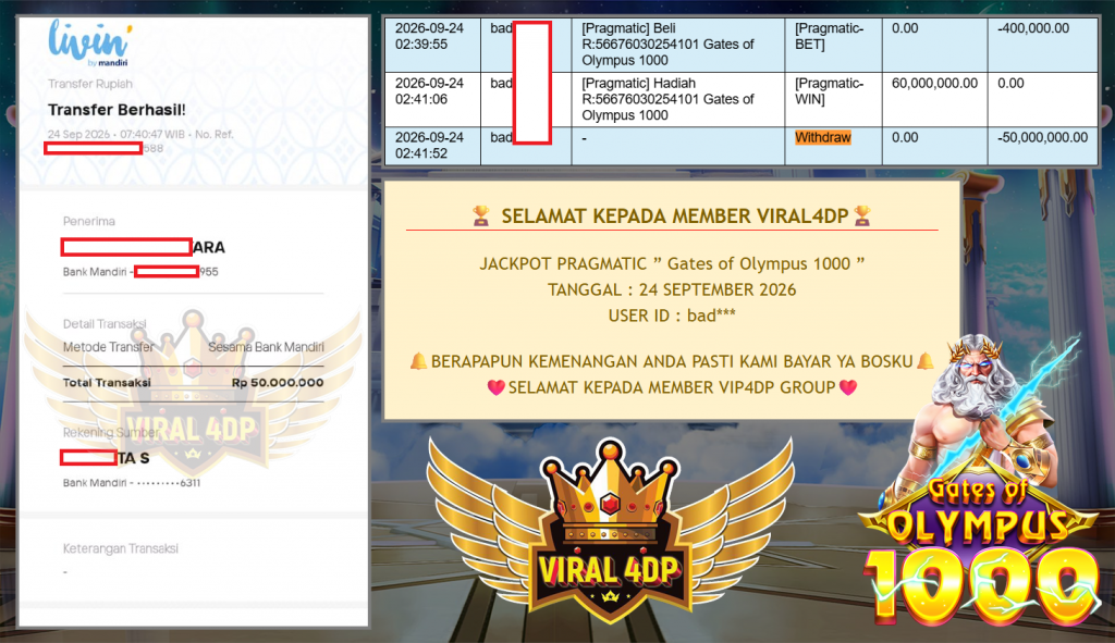 VIRAL4DP JACKPOT PRAGMATIC ” Gates of Olympus 1000 ” Rp 60.000.000,- LUNAS