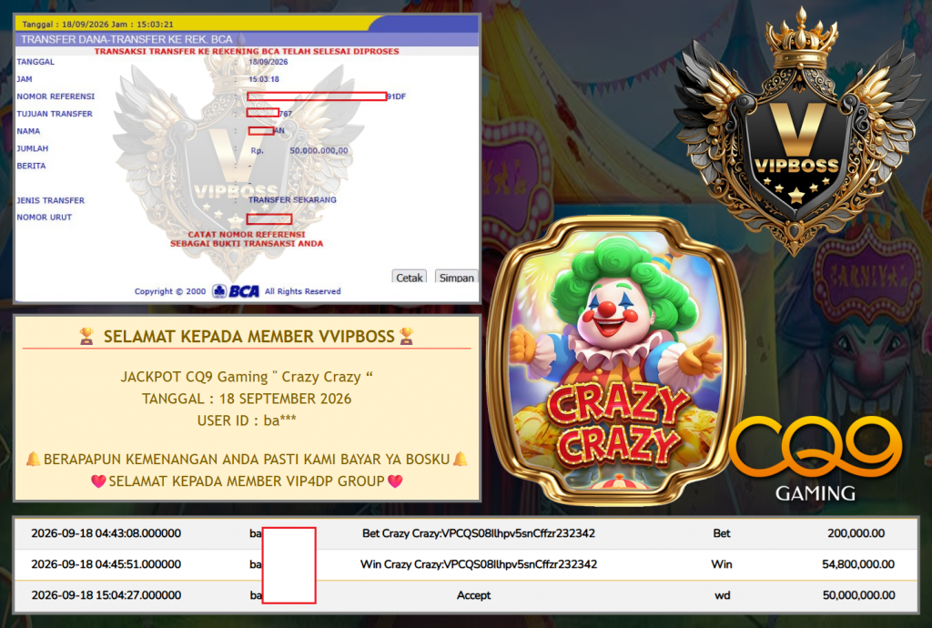 VVIPBOSS JACKPOT CQ9 GAMING ” Crazy Crazy ” Rp 54.800.000,- LUNAS