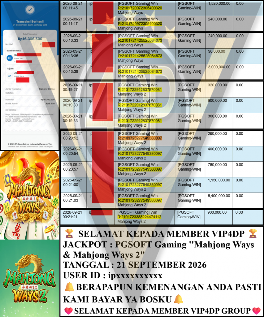 VIP4DP JACKPOT PGSOFT Gaming ”Mahjong Ways & Mahjong Ways 2″ Rp 16,300,000,- LUNAS