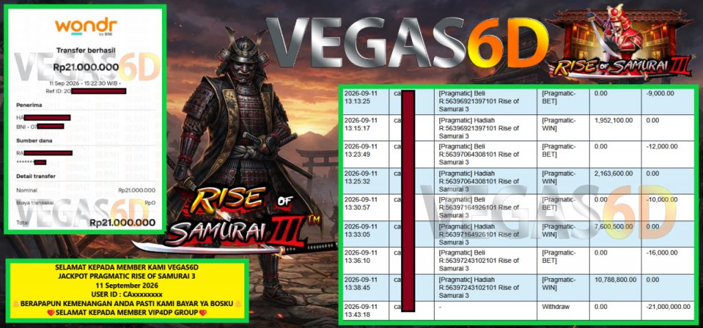 VEGAS6D JACKPOT PRAGMATIC RISE OF SAMURAI 3 Rp 21.000,000,- LUNAS