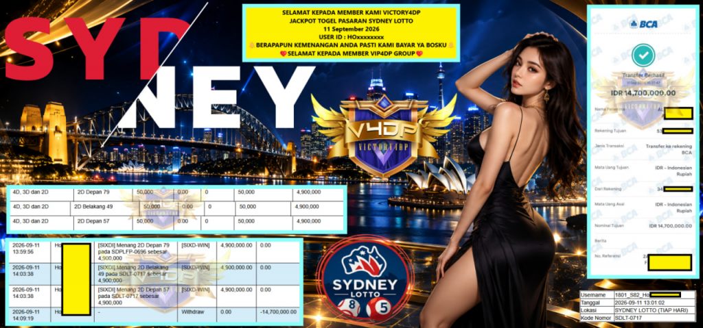 VICTORY4DP JACKPOT TOGEL PASARAN SYDNEY LOTTO Rp 14.700,000,- LUNAS