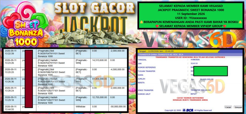 VEGAS6D JACKPOT PRAGMATIC SWEET BONANZA 1000 Rp 50.000,000,- LUNAS