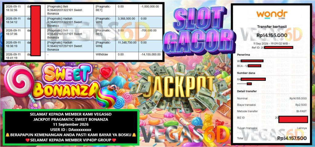 VEGAS6D JACKPOT PRAGMATIC SWEET BONANZA Rp 14.155,000,- LUNAS