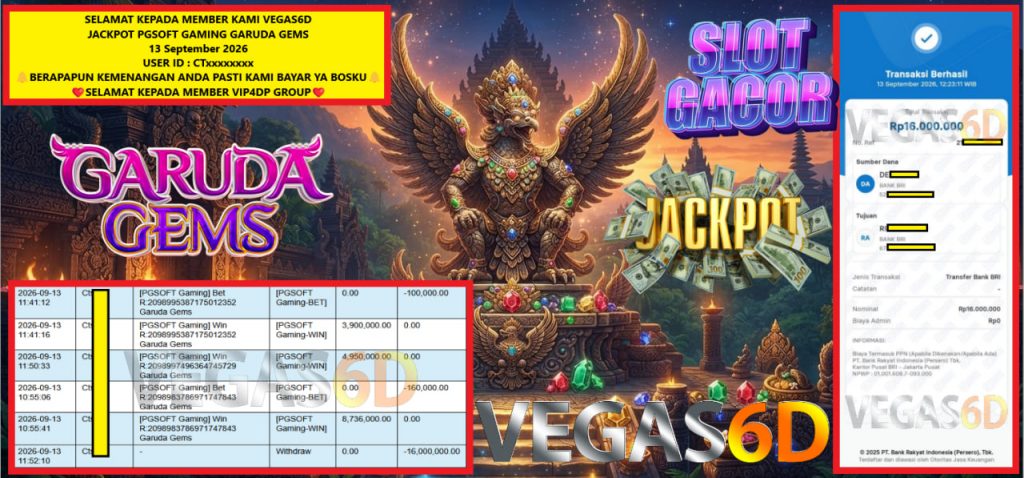 VEGAS6D JACKPOT PGSOFT GAMING GARUDA GEMS Rp 16.000,000,- LUNAS