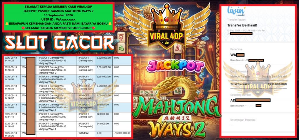 VIRAL4DP JACKPOT PGSOFT GAMING MAHJONG WAYS 2 Rp 15.000,000,- LUNAS