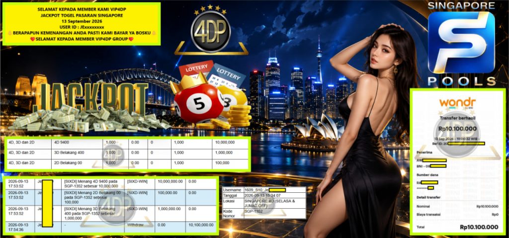 VIP4DP JACKPOT TOGEL PASARAN SINGAPORE Rp 10.100,000,- LUNAS