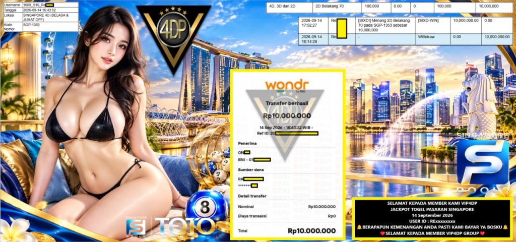 VIP4DP JACKPOT TOGEL PASARAN SINGAPORE Rp 10.100,000,- LUNAS