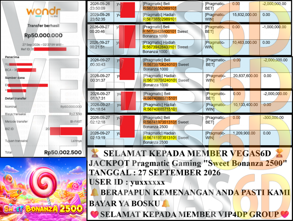 VEGAS6D JACKPOT PRAGMATIC ”Sweet Bonanza 2500” Rp 50,000,000,- LUNAS