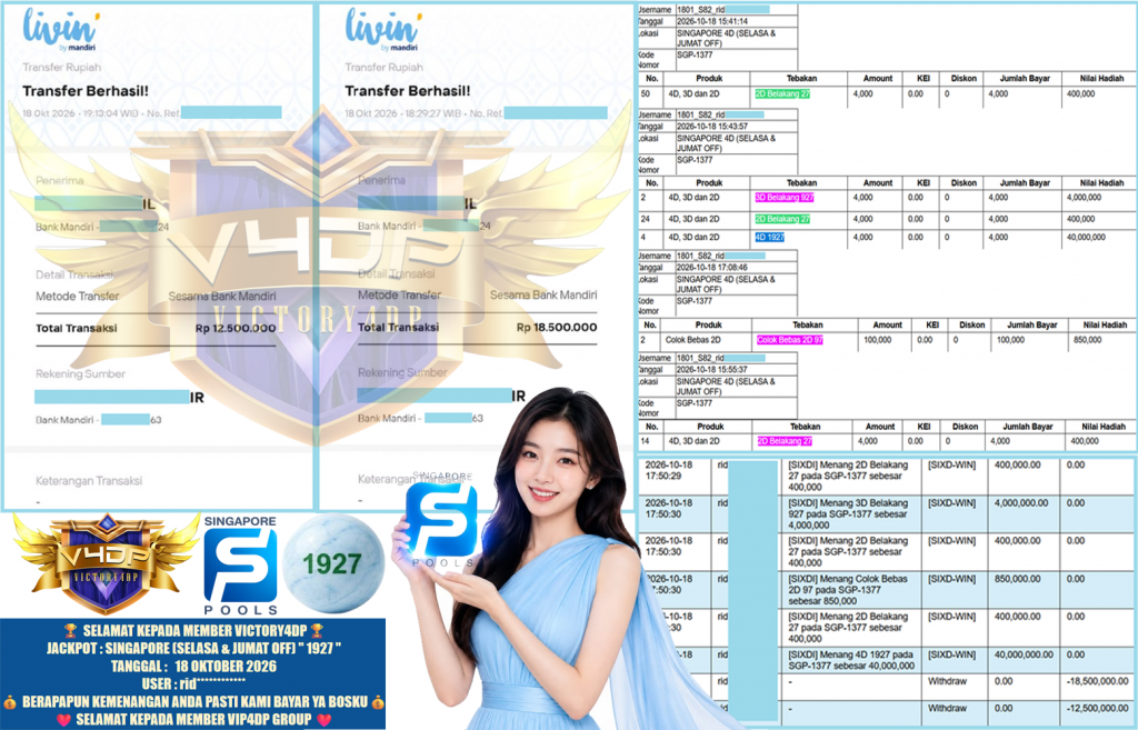 VICTORY4DP JACKPOT SINGAPORE (SELASA & JUMAT OFF) ” 1927 ” Rp.31.000.000,-LUNAS