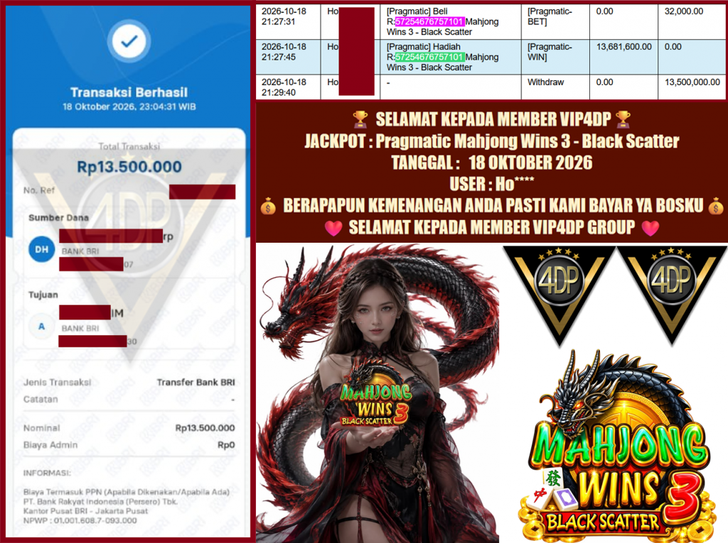 VIP4DP JACKPOT Pragmatic Mahjong Wins 3 – Black Scatter Rp.13.500.000,-LUNAS