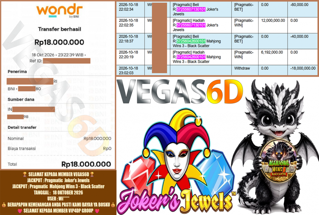 VEGAS6D JACKPOT Pragmatic Joker’s Jewels & Pragmatic Mahjong Wins 3 – Black Scatter Rp.18.000.000,-LUNAS