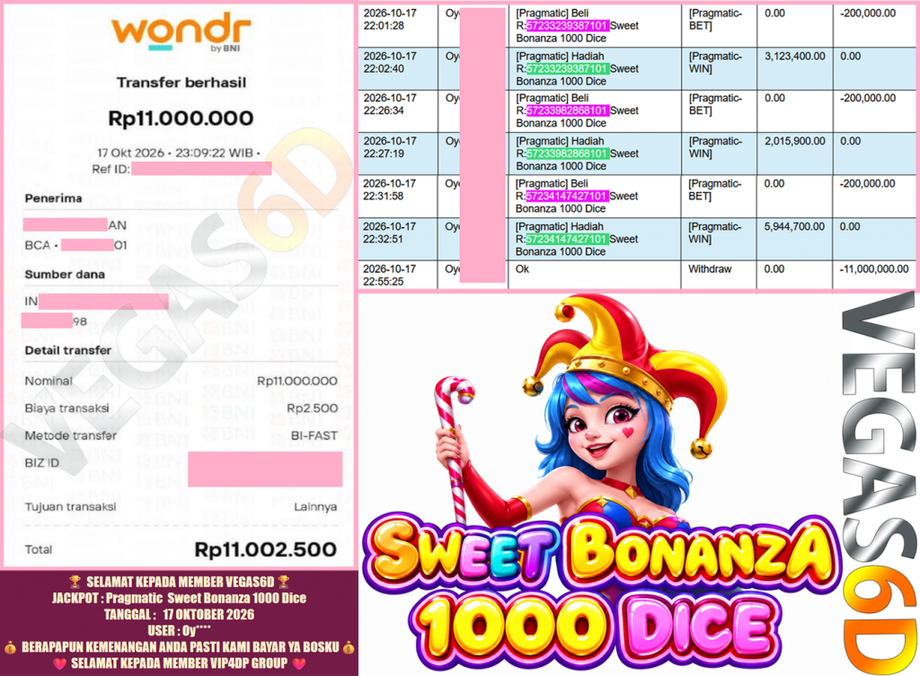 VEGAS6D JACKPOT Pragmatic ” Sweet Bonanza 1000 Dice ” Rp.11.000.000,-LUNAS
