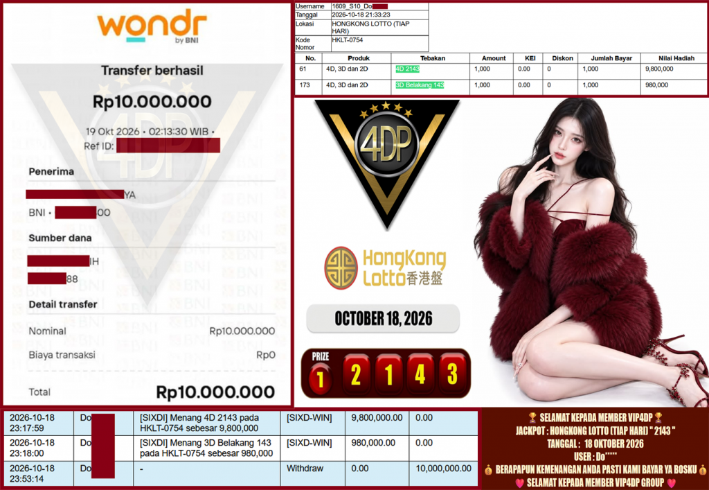 VIP4DP JACKPOT Pragmatic HONGKONG LOTTO (TIAP HARI) ” 2143 ” Rp.10.000.000,-LUNAS