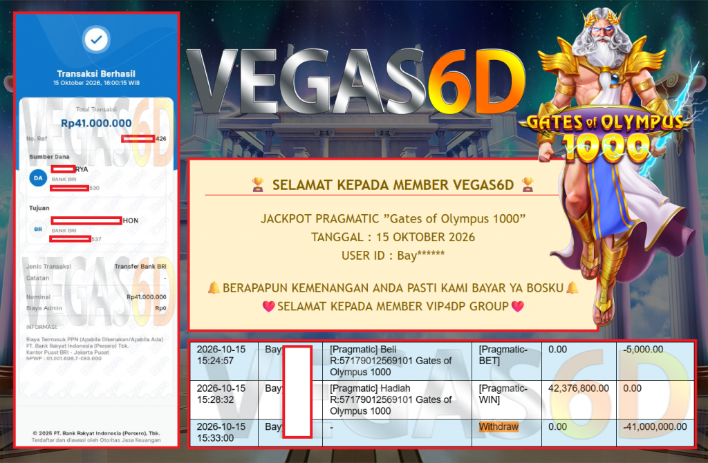 VEGAS6D JACKPOT PRAGMATIC ”Gates of Olympus 1000” Rp 41.000.000,- LUNAS