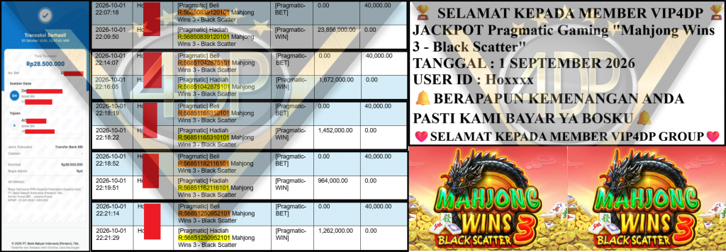 VIP4DP JACKPOT PRAGMATIC ”Mahjong Wins 3 – Black Scatter” Rp 28,500,000,- LUNAS