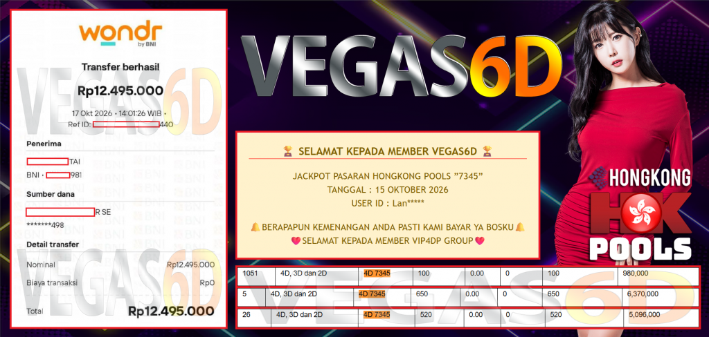 VEGAS6D JACKPOT PASARAN HONGKONG POOLS ”7345” Rp 12.495.000,- LUNAS