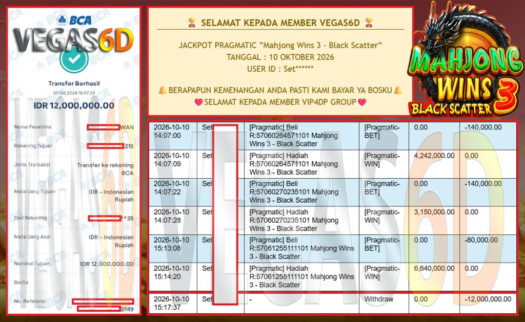 VEGAS6D JACKPOT PRAGMATIC ”Mahjong Wins 3 – Black Scatter” Rp 12.000.000,- LUNAS