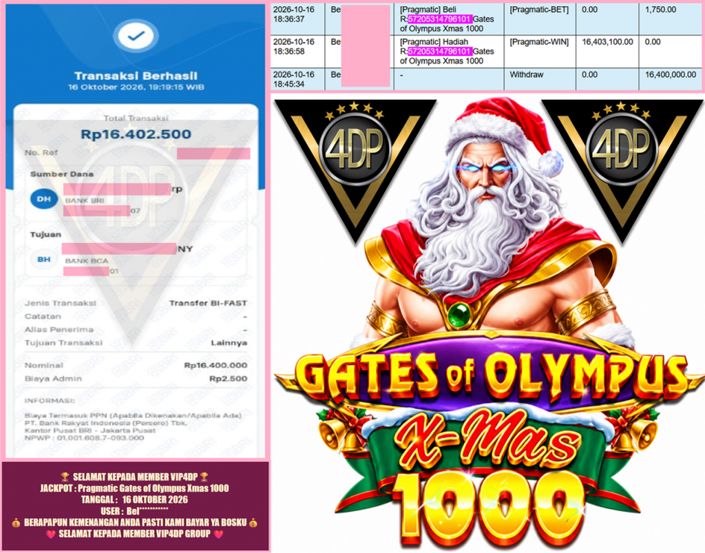 VIP4DP JACKPOT PRAGMATIC “Gates of Olympus Xmas 1000 ” Rp.16.400.000,-LUNAS