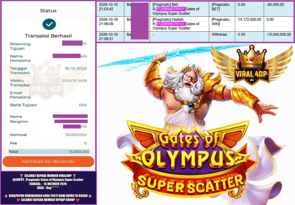 VIRAL4DP JACKPOT PRAGMATIC “Gates of Olympus Super Scatter ” Rp.15.000.000,-LUNAS