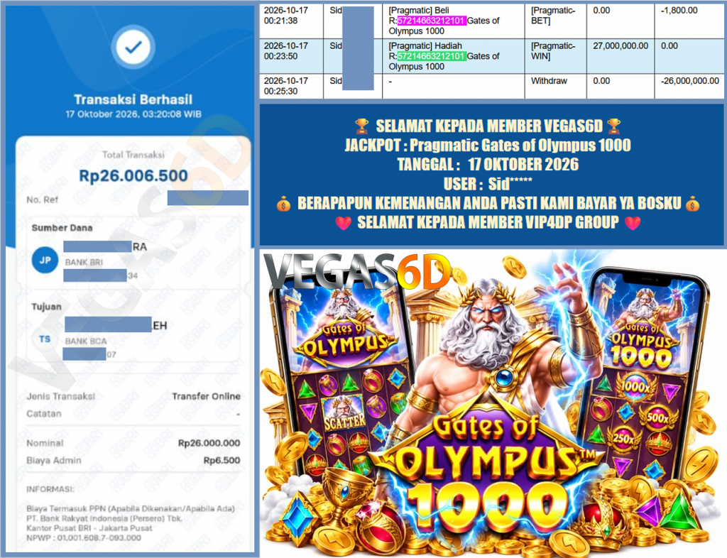VEGAS6D JACKPOT Pragmatic ” Gates of Olympus 1000 ” Rp.26.000.000,-LUNAS