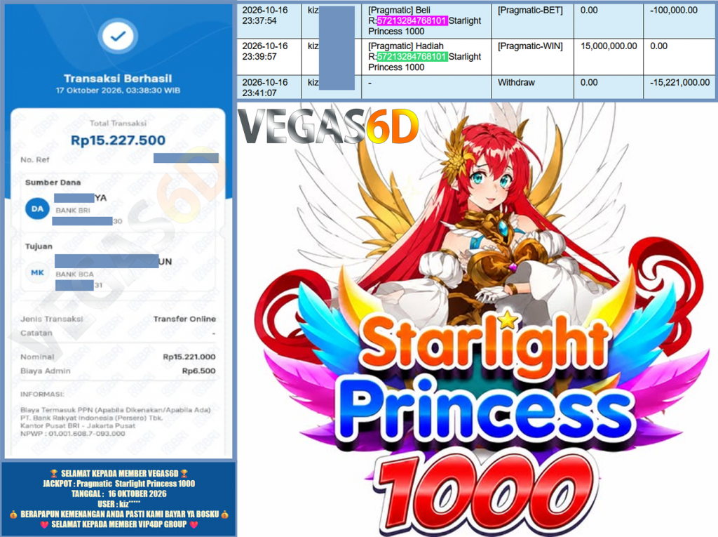 VEGAS6D JACKPOT Pragmatic ” Starlight Princess 1000 ” Rp.15.221.000,-LUNAS