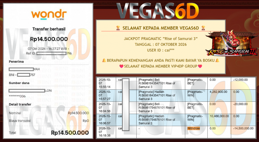 VEGAS6D JACKPOT PRAGMATIC ”Rise of Samurai 3” Rp 14.748.800,- LUNAS