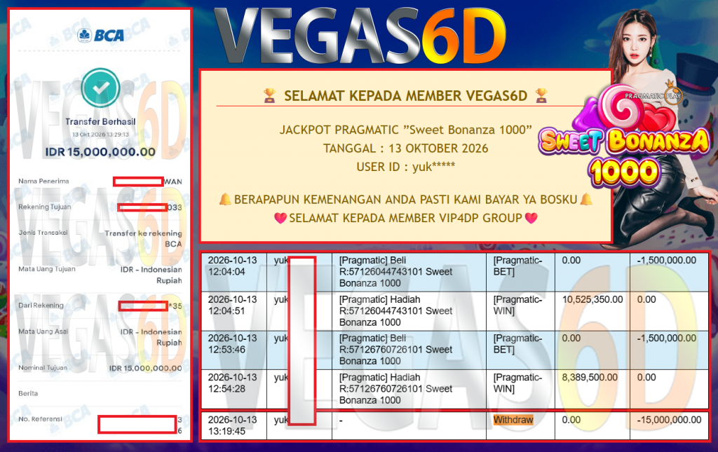 VEGAS6D JACKPOT PRAGMATIC ”Sweet Bonanza 1000” Rp 15.000.000,- LUNAS