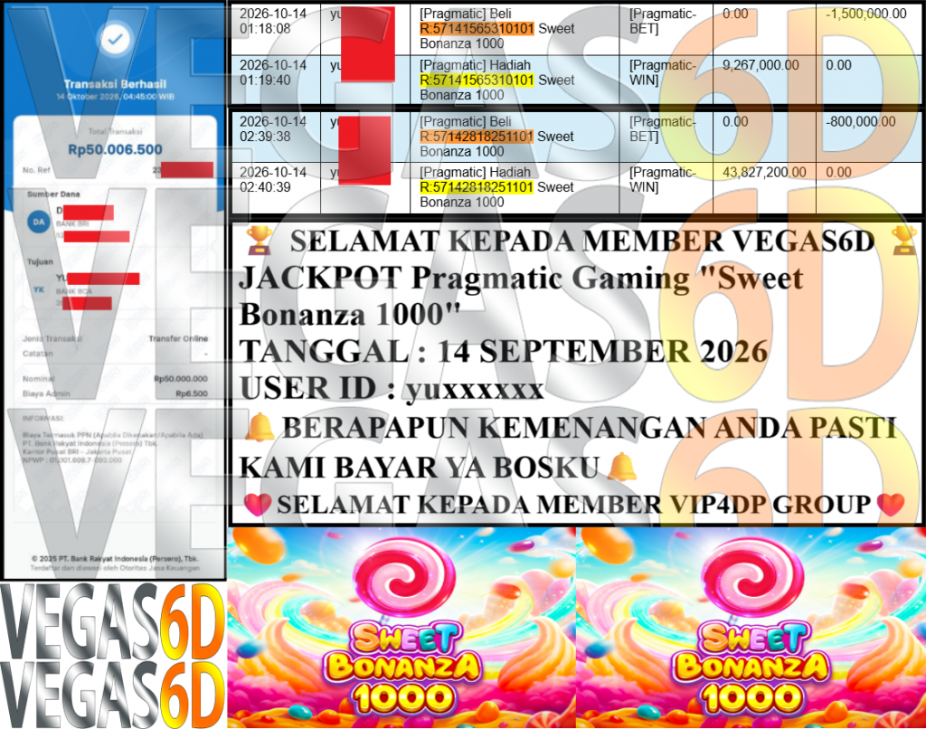 VEGAS6D JACKPOT PRAGMATIC ”Sweet Bonanza 1000” Rp 50,000,000,- LUNAS